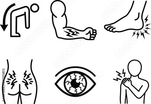 line drawing of various body parts with pain  health issues and injuries