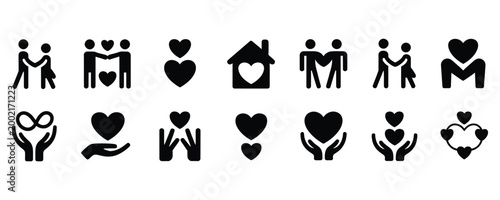 Black icons of people and hearts on white background for love and care concepts