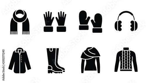 Winter clothing vector icons scarves gloves hats coats boots isolated set