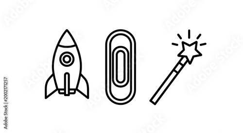 Rocket paperclip magic wand icons with office supply line art white background spacecraft paperclip illustration imagination creativity innovation equipment isolated minimalist abstract