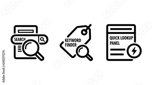 Search bar keyword finder tag quick lookup panel icons with search engine magnifying glass internet information research analysis discovery navigation illustration technology interface