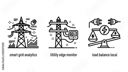 Smart grid analytics utility edge monitor load balance local icons with edge computing power line art analytics electricity technology distribution infrastructure substation management