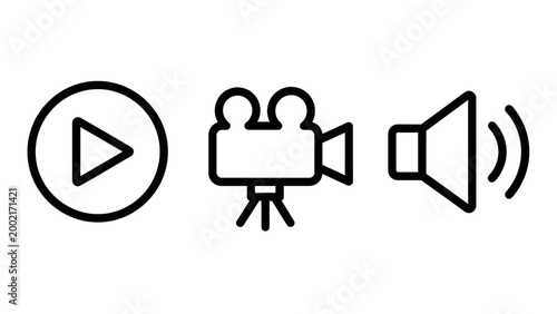Play button camera speaker icons representing media and entertainment with video camera entertainment playback streaming illustration collection background isolated communication broadcast