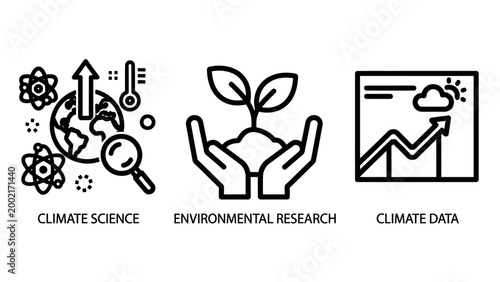 Climate science and environmental research icon set featuring global warming plant growth and meteorology data graphs environment research sustainability analysis meteorology minimalist