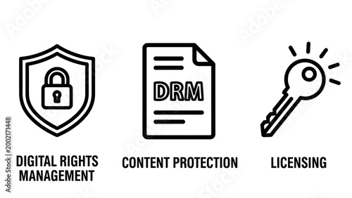 Cybersecurity and intellectual property icons for digital rights management content protection and software licensing with management protection licensing security copyright intellectual