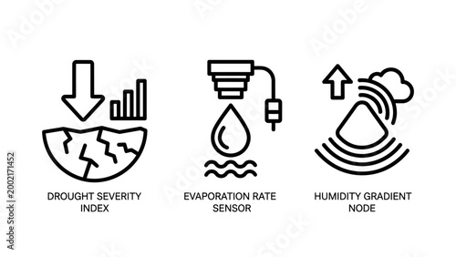 Scientific meteorology icons for drought severity index evaporation rate sensors and humidity gradient measurement with severity evaporation humidity gradient meteorology environment measurement