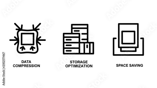 Information technology icons representing data compression storage optimization and digital space saving solutions with compression optimization technology computer database bandwidth efficiency