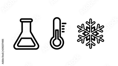 Scientific icons set featuring a laboratory flask thermometer for temperature measurement and a snowflake for cold or freezing conditions laboratory chemistry experiment research thermometer