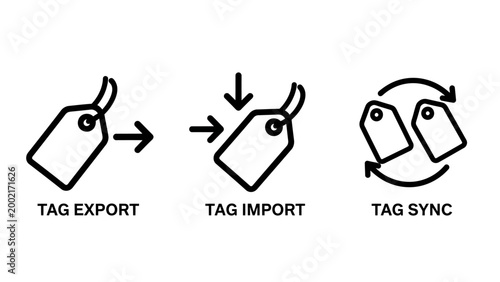 Set of icons representing tag export import synchronization processes symbolizing data management and organization in digital workflows with e commerce synchronization management workflow transfer