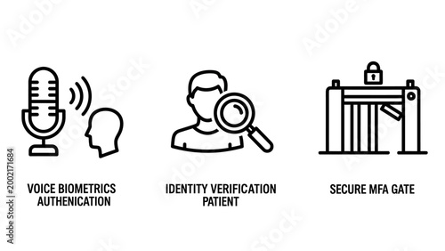 Security verification icons: voice biometrics identity verification secure gate with security check security authentication biometrics verification identification recognition microphone