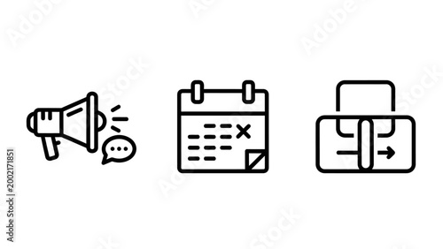 Graphic resource icons representing public megaphone announcements calendar event deadlines and identity card verification with announcement megaphone calendar schedule deadline identity