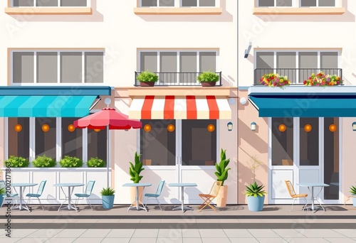 Empty modern cafe facades with summer terraces and outdoor furniture, flat vector illustration,  colorful,  awning