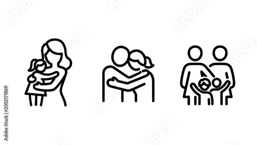 Family togetherness and love icons set depicting mother and child couple hugging and group relationships with relationship daughter togetherness community affection happiness lifestyle kindness