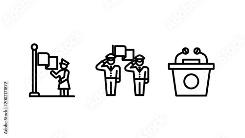 Government and military protocol icons set with flag raising saluting soldiers and speaking podium military saluting government ceremony official patriotism national politics conference