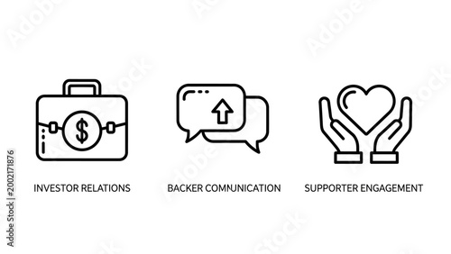 Business icons for investor relations backer communication and supporter engagement concepts with business investor relations communication supporter engagement briefcase investment donation