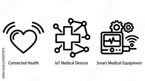 Healthcare technology icons representing connected health iot medical devices and smart equipment with technology equipment connected heartbeat internet monitoring wireless healthcare medicine