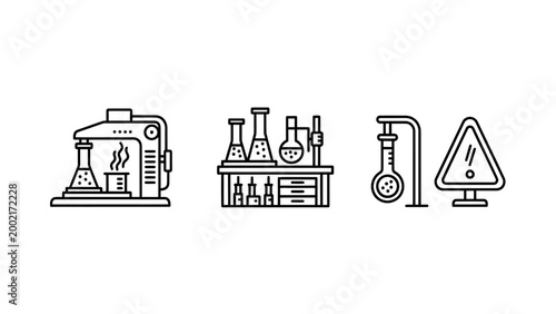 Laboratory science and chemistry equipment icon set including test tubes and warning sign with laboratory chemistry equipment experiment research scientific chemical analysis graphical