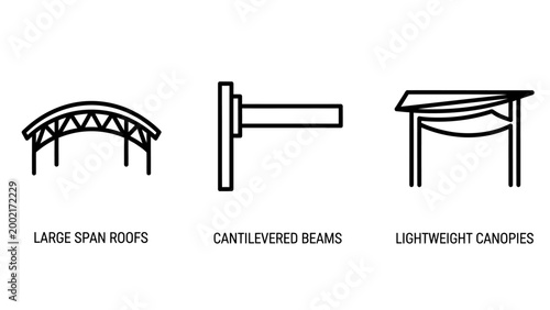 Architectural structure types icon set showing large span roofs cantilevered beams and lightweight canopies with architecture construction structure engineering building structural technical