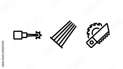 Industrial tools and hardware icon set featuring screwdriver rake and circular saw industrial hardware screwdriver construction equipment maintenance building professional workshop pictogram