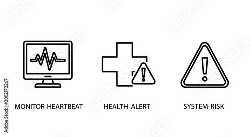 Digital system monitoring and safety icons featuring monitor heartbeat health alert and system risk warning signs heartbeat security technology triangle exclamation monitoring protection