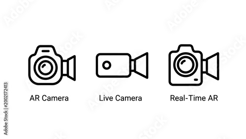 Professional set of camera and recording device icons for augmented reality and live streaming technology applications with augmented streaming recording technology equipment broadcast interface