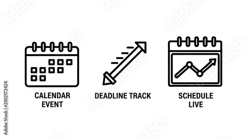 Business management icons for calendar event scheduling and project deadline tracking progress visualization with calendar schedule deadline business management planning progress productivity