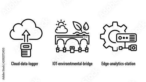 Io t cloud data logger environmental bridge and edge analytics station icons with analytics technology environment monitoring connectivity internet infrastructure hardware automation computing