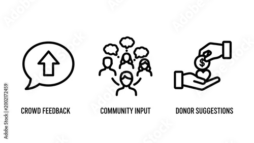 Crowd feedback community input and donor suggestions icon set with feedback community suggestion donation participation collaboration involvement contribution fundraising cooperation