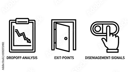 Set of business analytics and web user experience icons with analytics disengagement business interface monitoring performance behavior collection strategy marketing optimization analysis