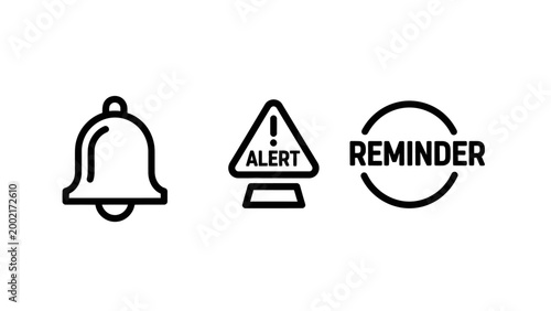 Set of alarm bell and system reminder icons with reminder notification triangle interface software communication announcement attention scheduled important technology information indicator
