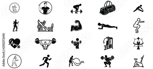 Collection of black and white fitness and workout icons set