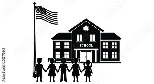 school building with children holding hands and american flag silhouette high quality professional detailed modern elegant stylish clean crisp vibrant colorful