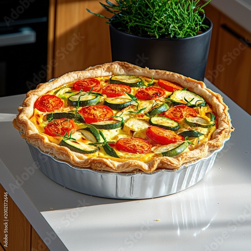 Golden baked vegetable tart with cherry tomatoes zucchini and spinach in a rustic pastry crust on a white table with greenery in the background