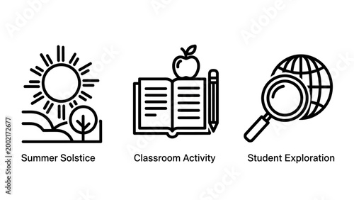 Set of education and research icons representing summer solstice classroom activity and student exploration with education research solstice classroom activity exploration magnifying learning