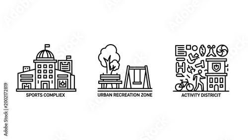 Urban development and city infrastructure line icon set featuring public facilities and activity areas infrastructure building facility recreation development landscape playground activity