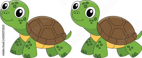Cute cartoon turtle illustration with friendly expressions, colorful shells, and playful design for children’s artwork