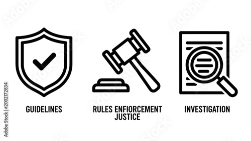 Law and justice enforcement icons set featuring legal guidelines and investigative procedures enforcement guidelines investigation checkmark document magnifying procedure compliance authority