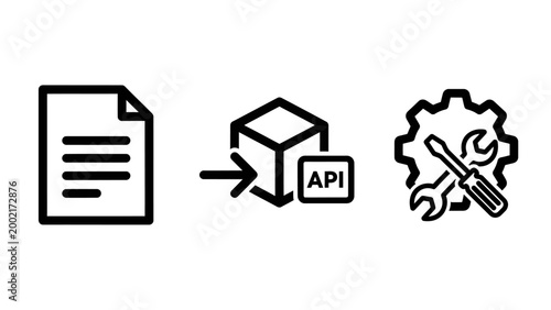 Set of abstract computer icons including file document api integration box mechanical maintenance tools for software development document maintenance development software computing