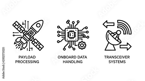 Aerospace engineering and data management technology icon set with aerospace technology satellite engineering processing microchip transceiver communication hardware electronics transmission