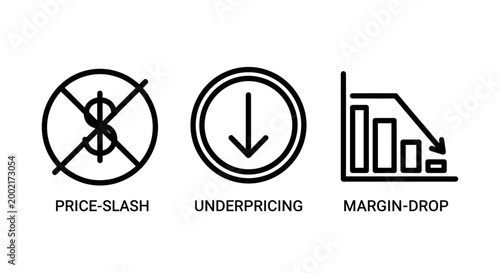 Financial decline and business loss concept icon set featuring price slash underpricing and margin drop business reduction economic currency statistics decreased financial analysis corporate