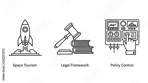 Vector icon set for space tourism legal and policy control with dashboard regulation management interface technology exploration astronomy monitoring analysis industry business administrati