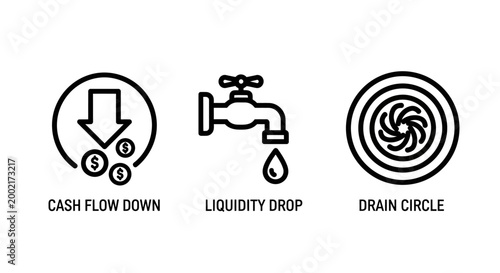 Financial liquidity and cash flow reduction icons set with liquidity cashflow business reduction investment financial downturn illustration minimalist bankrupt management accounting