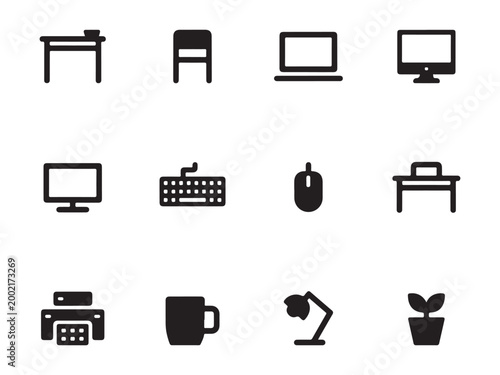 Professional Home Office Silhouette Icons - Minimalist Workspace Vector Symbols