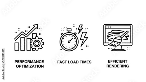 Performance optimization icons featuring fast load times data trends efficient rendering concepts performance optimization rendering efficiency software analysis computer lightning