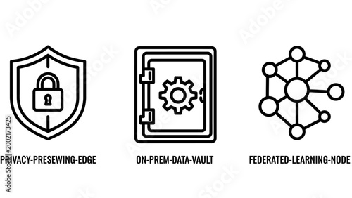 Data security and technology icon set featuring privacy preservation vault storage and federated learning node security protection technology encryption cybersecurity information connected