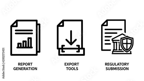 Corporate documentation and regulatory compliance icon set with document regulatory compliance submission business download protection authority analysis statistics governance management