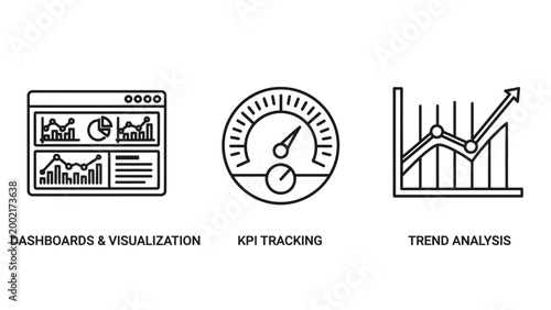 Business data analytics icons for dashboards visualization kpi tracking and trend analysis with business intelligence analytics dashboard tracking analysis business visualization performance
