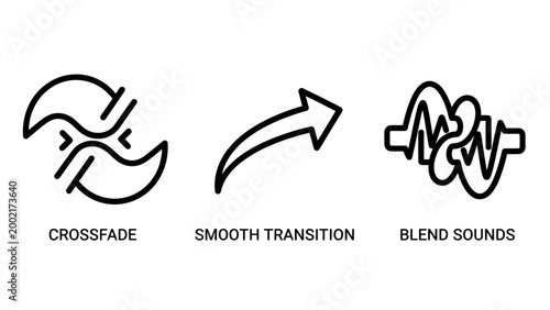 Audio editing icons representing crossfade smooth and blend sounds with crossfade transition production waveform software processing multimedia creative interface frequency illustration