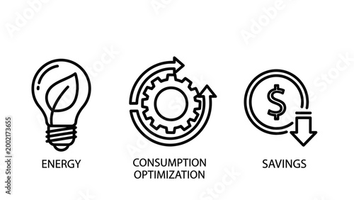 Energy efficiency consumption optimization and savings icons set efficiency consumption optimization business management decrease graphical strategic planning resource sustainability
