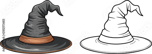 Witch hat illustration & outline set isolated on transparent background